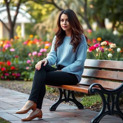 A woman is seated on a wooden park bench with a black metal base, positioned on a brick walkway. She is dressed in a blue sweater and black pants, with her left hand tucked into her pocket and her right hand resting on her knee. Her long brown hair cascades down as she gazes directly at the camera. The background is a blur of vibrant flowers in shades of pink, red, orange, and yellow, with green leaves adding to the lush scenery. A white gazebo is faintly visible in the distance, adding a charming touch to the serene park setting.