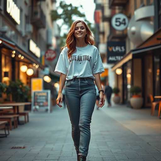 A vibrant photograph captures a young woman with long, wavy red hair walking down a bustling city street. She is dressed in a white t-shirt with black text that reads "cate and try," paired with blue jeans. Her accessories include a black watch on her left wrist and large hoop earrings. The woman is smiling warmly at the camera, exuding a sense of joy and confidence. The background is slightly blurred, highlighting the urban setting with various storefronts and signs. Notably, a sign with the number "54" is visible on the right side of the image. The scene is framed by a mix of architectural elements and greenery, with trees and plants adding a touch of nature to the cityscape. The overall composition beautifully captures the essence of a lively day in the city.