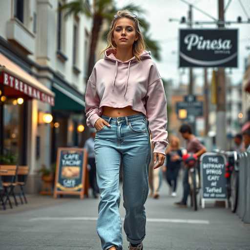 A young woman with long blonde hair, wearing glasses perched on top of her head, is captured walking down a bustling city street. She is dressed in a cropped pink hoodie that reveals her midriff and blue jeans. Her right hand is casually tucked into her pocket, while her left hand hangs by her side. The background features a mix of urban elements, including a prominent black sign with white lettering that reads "Pinesa" and a smaller sign advertising "Cafe T-A-C-H-I-N." The street is lined with various shops, and a bicycle is parked nearby. The scene is lively, with other pedestrians walking in the opposite direction, adding to the dynamic city atmosphere.