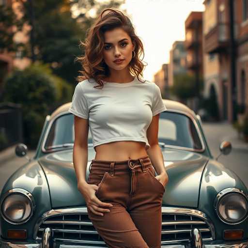 A young woman with long, wavy brown hair stands confidently in front of a vintage green car, possibly from the 1950s or 1960s. She is dressed in a white crop top that reveals her midriff and brown pants. Her left hand rests in her pocket while her right hand is placed on her thigh. She gazes directly at the camera with a composed expression. The background is slightly blurred, featuring a row of houses and some trees, adding a nostalgic charm to the scene. The overall image has a slightly surreal quality, suggesting it might be AI-generated.