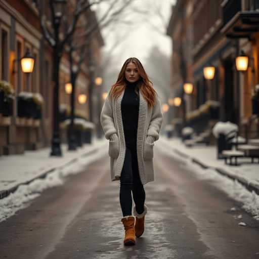 A woman with long, reddish-brown hair walks down a snow-covered street. She is dressed in a black turtleneck, black leggings, and a long gray sweater that extends past her knees. Her outfit is completed with brown boots that have a fuzzy trim at the top. The street is flanked by buildings on both sides, each adorned with glowing lanterns that add a warm, inviting ambiance to the scene. The woman appears to be in motion, with her hands casually tucked into her pockets as she strolls along the path.