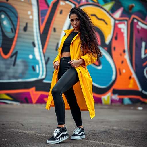 A young woman stands confidently in front of a vibrant graffiti wall, her presence commanding attention. She is dressed in a striking yellow raincoat that drapes elegantly over a black midriff top, paired with sleek black leggings and stylish black and white sneakers. Her long, wavy black hair cascades down, framing her face and adding to her dynamic appearance. The woman's right leg is slightly bent, giving her stance a poised and natural look. Her hands rest casually at her sides, and she gazes directly at the camera with a composed expression. The background features a colorful array of graffiti, with letters in shades of blue, orange, yellow, and purple, though they are slightly blurred, emphasizing the subject. The ground beneath her is a grayish asphalt, marked with faint white lines, suggesting she is standing in a parking lot. The overall composition captures a moment of urban chic against the backdrop of street art.