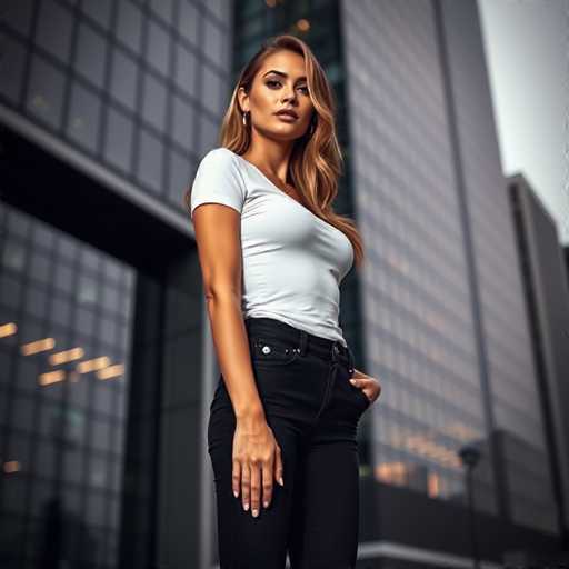 A striking photograph captures a woman standing confidently in front of a modern, glass-fronted building. The structure, characterized by its sleek design and numerous windows, reflects the urban setting. The woman, with her long, wavy blonde hair cascading over her shoulders, exudes a poised and elegant demeanor. She is dressed in a crisp white t-shirt and black pants, accessorized with a pair of earrings that add a touch of sparkle. Her right hand rests casually on her thigh, while her left hand is tucked into her pocket, giving off a relaxed yet self-assured vibe. The image is cropped at her knees, focusing on her upper body and face. Her expression is neutral, with her mouth closed, and she gazes directly at the camera, creating a sense of connection with the viewer. The overall composition of the photograph highlights her presence against the backdrop of the contemporary building, emphasizing her as the central subject of the scene.