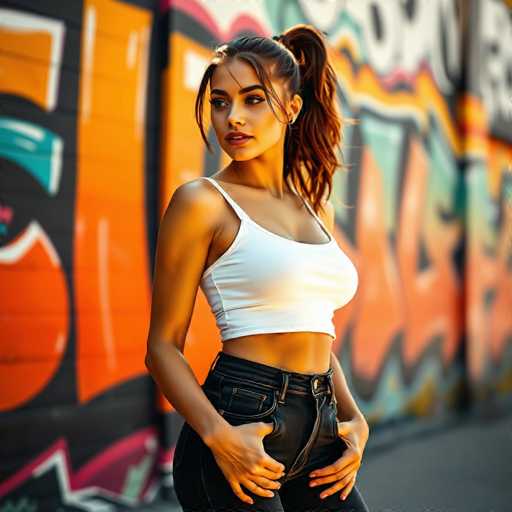 A young woman stands confidently in front of a vibrant graffiti wall, her attire and pose exuding a blend of casual and edgy style. She wears a white crop top that reveals her midriff, paired with black jeans that fit snugly around her hips. Her long, dark hair is pulled back into a ponytail, with a few strands playfully framing her face. The woman's hands rest on her hips, accentuating her relaxed yet poised stance. Her gaze is directed to the left, adding a sense of contemplation or curiosity to her demeanor. The colorful graffiti behind her features a mix of orange, black, and pink hues, creating a dynamic backdrop that contrasts with her simple yet striking outfit. The overall composition captures a moment of urban chic, blending the raw energy of street art with the woman's serene presence.