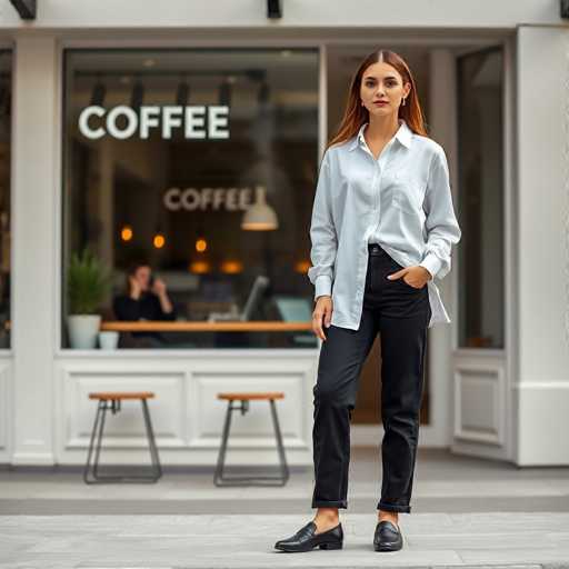 A woman is standing outside a coffee shop with her hands in her pockets and wearing a white shirt and black pants. The coffee shop has a large window displaying the word "coffee" written on it.