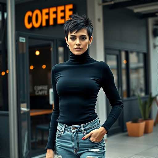 A young woman with short black hair is standing outside a coffee shop. She is wearing a black turtleneck sweater and blue jeans. The coffee shop has an orange sign that reads "Coffee" in white letters.
