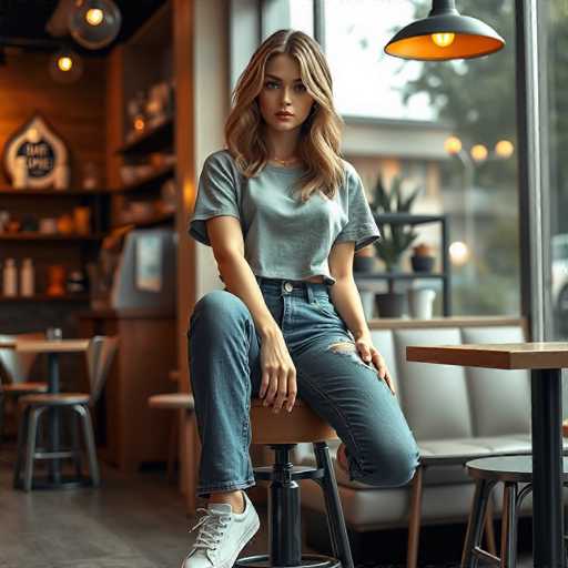 A young woman is seated at a table with her legs crossed and hands resting on the back of the stool. She is wearing a gray t-shirt and blue jeans. The setting appears to be an indoor cafe or restaurant, as indicated by the presence of tables and chairs in the background.