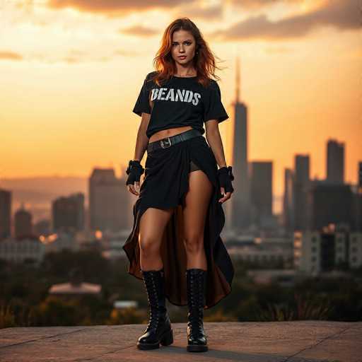A young woman with long, wavy red hair stands confidently on a rooftop, gazing directly at the camera. She is dressed in a black crop top that reveals her midriff, paired with a black skirt that features a brown lining. Her outfit is accessorized with a black belt, fingerless gloves, and knee-high black boots. The backdrop showcases a city skyline with tall buildings silhouetted against a sky painted in hues of orange and yellow, suggesting either sunrise or sunset. The scene is devoid of any text, allowing the viewer to fully appreciate the vibrant colors and the serene yet dynamic atmosphere.