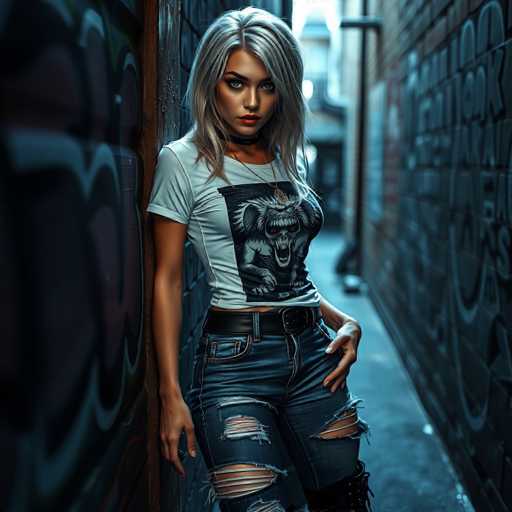 A young woman stands confidently in a narrow alleyway, framed by two graffiti-covered walls. She is dressed in a white t-shirt adorned with a striking black graphic of a monstrous creature with sharp teeth and glowing red eyes. Her outfit is completed with blue jeans featuring ripped knees and a black belt. Her long, straight blonde hair cascades down to her shoulders, contrasting with her darker skin tone. She wears a black choker around her neck and a necklace with a pendant resting on her chest. Her right hand hangs casually by her side, while her left hand is positioned on her thigh. The alleyway, with its dark gray concrete floor, leads to a blurry background where a building and a street are faintly visible.