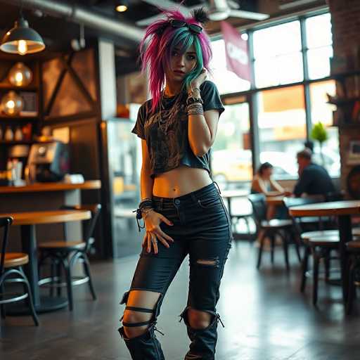 A young woman with vibrant pink hair and a black t-shirt is the main subject of this image. She stands confidently against a backdrop of a restaurant interior, which includes tables and chairs arranged around her. The restaurant has an industrial aesthetic, characterized by exposed brick walls and metal beams that add to its urban feel.
