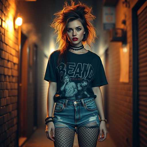 A young woman stands confidently in a narrow alleyway, her presence commanding attention. She is dressed in a black t-shirt adorned with the word "BEAND" in bold white letters, accompanied by an illustration of two shirtless men. Her outfit is completed with ripped blue jean shorts and fishnet stockings, adding a touch of edgy style. Her long, dark hair is dramatically styled, with strands sticking up in all directions, creating a striking, almost wild look. A black choker necklace sits snugly around her neck, and she wears bold red lipstick that accentuates her features. Her arms rest naturally at her sides, adorned with bracelets on her right wrist and a watch on her left. The alleyway around her is dimly lit, with a light fixture on the left side casting a warm glow. The brick walls on either side of the alley are blurred, drawing focus to her as the central figure in this atmospheric scene.