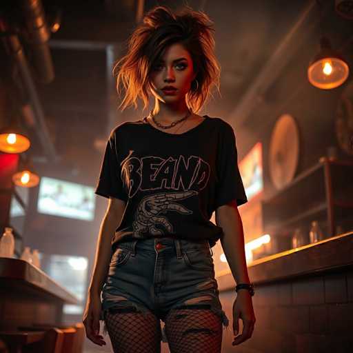 In this captivating image, a young woman stands confidently in the foreground of a dimly lit bar, her presence commanding attention. She is dressed in a black t-shirt emblazoned with the word "BEAN" in bold letters, featuring a detailed illustration of a hand and a boot. Her outfit is completed with short, distressed denim shorts, revealing her legs adorned with fishnet stockings. She accessorizes with a black leather watch on her left wrist, a delicate necklace around her neck, and large hoop earrings. Her dark, wavy hair is styled in a slightly messy fashion, with bangs framing her face. She has striking dark eyes and full lips, and she gazes directly at the camera with a serious expression. The bar behind her is blurred, with indistinct shapes of bottles and a TV screen faintly visible, adding to the moody atmosphere. The overall color palette of the image is dominated by dark, muted tones, with the only notable splashes of color being the black of her shirt and the white of her t-shirt's lettering.