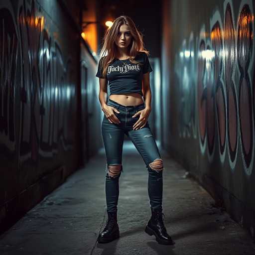 A young woman stands confidently in a dimly lit, graffiti-covered hallway, her long, wavy brown hair cascading down to her chest. She wears a cropped black t-shirt with white lettering that reads "Jackie Diem," paired with tight-fitting blue jeans that feature ripped knees. Her outfit is completed with black boots, and she accessorizes with a necklace. The concrete floor beneath her shows signs of wear, with visible cracks and debris scattered around. The walls on either side of her are adorned with vibrant graffiti, adding an urban artistic flair to the scene. She strikes a pose with her hands resting on her hips, exuding a sense of self-assurance and style.
