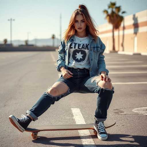 This image depicts a young woman with a striking appearance, characterized by her long, reddish-brown hair and expressive brown eyes. She is dressed in a white t-shirt featuring the word "TEAK" and a circular emblem with a star in the center. Over her t-shirt, she wears a denim jacket, and her outfit is completed with dark blue jeans that are fashionably ripped at the knees. Her footwear consists of black and white Converse sneakers, with the white parts prominently visible. The young woman is posed confidently, sitting on a skateboard, with her feet firmly on the board. The skateboard has a brown top, and the wheels are a combination of brown and white. The scene is set in a parking lot, with the skateboard positioned directly in front of a white parking space line. The background includes a building with a distinctive red stripe, and a palm tree can be seen, adding a touch of greenery to the urban setting.
