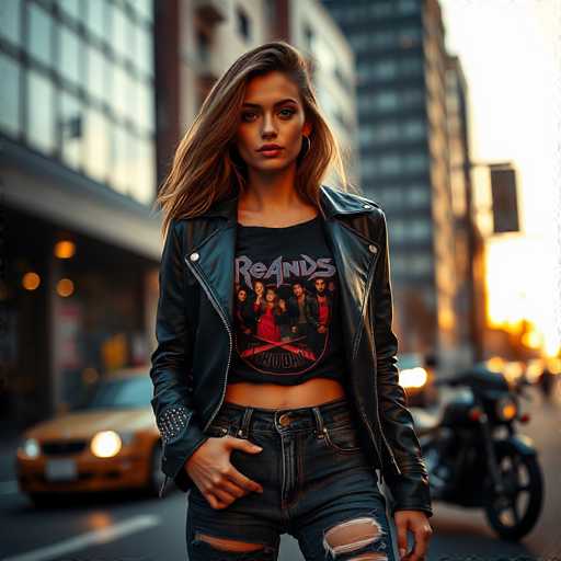 A young woman stands confidently in the middle of a bustling city street, her presence commanding attention. She has long, flowing brown hair that cascades down to her shoulders, framing her face. Her attire is a striking combination of a black leather jacket adorned with silver studs on the sleeves, and a black t-shirt emblazoned with the word "Reeands" in bold letters. The t-shirt features an image of a group of people, adding a touch of intrigue to her look. Her midriff is exposed, leading down to a pair of dark blue jeans that are fashionably ripped at the knees. She accessorizes with a pair of hoop earrings, completing her edgy yet stylish ensemble. The background is a blur of city life, with tall buildings, a yellow taxi, and a motorcycle all out of focus, emphasizing her as the central figure in this urban scene.