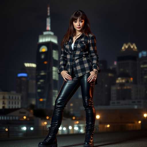 A woman stands confidently on a rooftop at night, wearing a black and white plaid jacket over a black shirt and black pants with brown boots. The city skyline forms the backdrop of her image, with tall buildings illuminated against the dark sky.