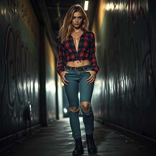 A young woman stands confidently in a dimly lit, graffiti-covered hallway, exuding a blend of edgy and chic. Her long, dirty blonde hair cascades down to her chest, framing her face with a natural, slightly tousled look. She wears a striking red and black plaid shirt, unbuttoned down to her navel, revealing a hint of her midriff. The shirt is tucked into her high-waisted blue jeans, which are fashionably ripped at the knees, adding a touch of rugged style. A brown belt cinches her waist, and she completes her outfit with sleek black boots. Her hands rest on her hips, accentuating her poised stance. The hallway around her is adorned with vibrant graffiti, and a single light fixture casts a soft glow, highlighting her presence against the dark, urban backdrop.