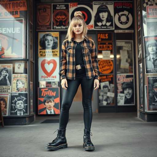 A young woman with blonde hair is standing confidently in front of a store window displaying various posters and signs. She is wearing a plaid jacket over a black shirt and black pants, paired with black boots that match the color scheme of her outfit. The store window behind her features an array of posters and signs, including one for "The Rock", another for "Funny", and a third for "Paint".