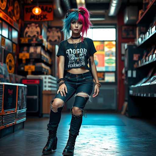 A young woman with blue hair and a black t-shirt featuring the words "doggo" and "frensist" is standing in front of a store window filled with records. She has her arms crossed over her chest and is wearing ripped jeans and boots.