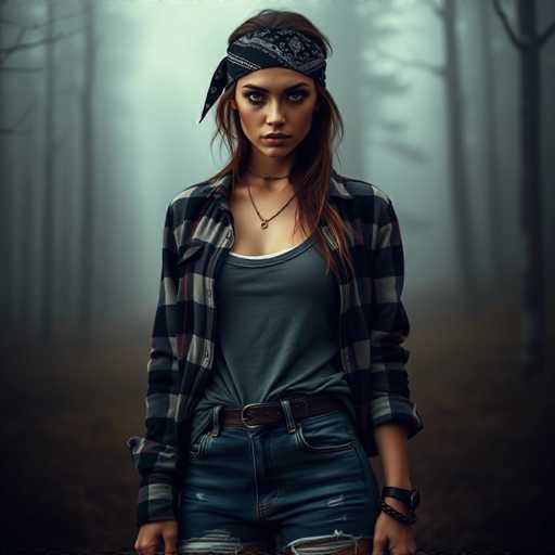 A young woman stands in a dense forest, surrounded by tall trees that create a natural frame around her. She is dressed in a casual yet stylish outfit, featuring a black and white plaid shirt layered over a gray tank top. A black bandana adorns her head, and she wears a necklace with a pendant. Her blue jeans are cinched with a brown belt, and she has a black leather wristband on her left wrist. The woman's long brown hair cascades down, and she gazes directly at the camera with a serious expression. The forest around her is shrouded in a light fog, adding a mysterious and ethereal quality to the scene. The image appears to be AI-generated, as the woman's face and hands have an uncanny, slightly distorted look, particularly noticeable in her eyes and the way her fingers are positioned.