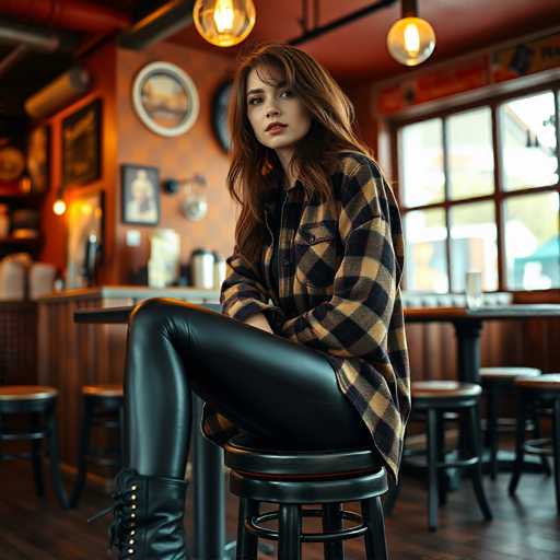 A young woman with long, wavy brown hair sits on a barstool in a cozy, dimly-lit bar. She is dressed in a black and yellow plaid shirt, black leather pants, and black boots. Her legs are crossed as she gazes off to the side, her expression serene and contemplative. The barstool she sits on has a black base with a brown seat. Behind her, the bar features a wooden counter with a gray top, and several barstools are lined up along it. The walls are adorned with various pictures and signs, adding to the bar's warm, inviting atmosphere. A window to the right allows natural light to filter in, contrasting with the soft glow of hanging lights above. The floor is made of dark wood, enhancing the bar's rustic charm.