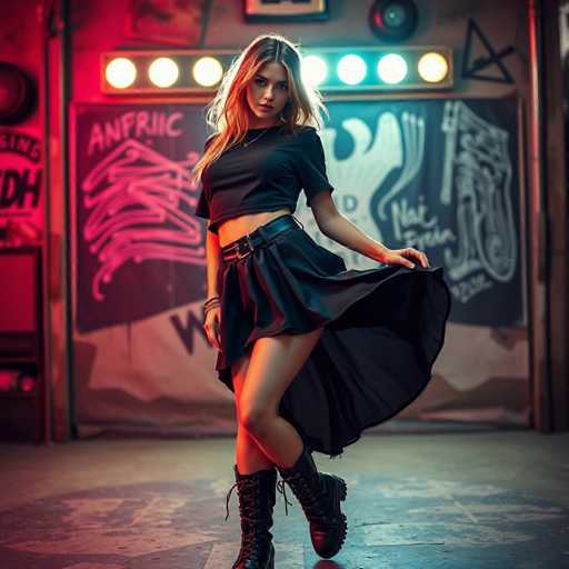 In this vibrant photograph, a young woman with long, wavy blonde hair stands confidently in the center of a dimly lit room. She is dressed in a stylish black crop top that reveals her midriff and a short black leather skirt, which she holds up with her left hand to display its frilly texture. Her outfit is complemented by black combat boots that lace up to her knees. She accessorizes with a black belt featuring a silver buckle and a delicate necklace around her neck. Her makeup is striking, with bold red lipstick and defined black eyebrows, and she gazes directly at the camera with a serious expression.

The room around her is adorned with various elements that add to the eclectic atmosphere. Behind her, a wall is decorated with graffiti and posters, including one that reads "ANFRIC" in white letters. A row of lights, alternating between yellow and white, runs horizontally across the wall, casting a warm glow over the scene. The floor beneath her is a grayish color, and a circular design is visible on the ground. To the left of the image, a shelf holds a few indistinct objects, adding to the room's mysterious ambiance. The overall setting suggests a blend of urban and artistic influences, creating a visually captivating environment.