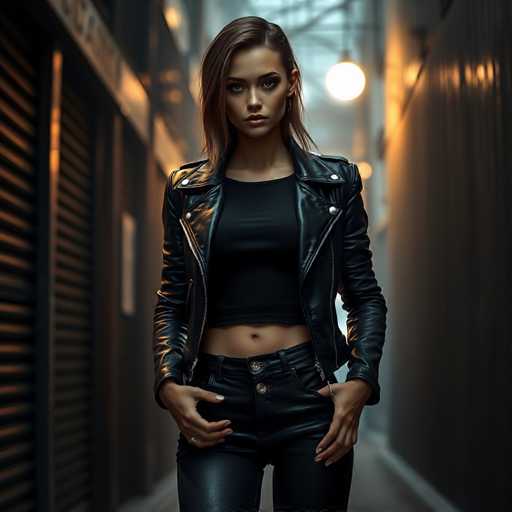 In this captivating image, a young woman stands confidently in the middle of an alleyway, exuding a bold and edgy style. She is dressed in a sleek black leather jacket adorned with silver buttons on the collar, paired with a black crop top that reveals her midriff. Her outfit is completed with black leather pants, adding to her striking appearance. The woman has long brown hair, styled with a side part, and her makeup is meticulously applied, featuring dark eyeshadow and lipstick that accentuates her features. Her hands rest on her hips, showcasing a ring on her right hand and a bracelet on her left. The background is softly blurred, drawing attention to her presence, with a round light fixture hanging from the ceiling and buildings flanking either side of the alley. The ground beneath her is a muted gray, and a white sign is visible on the left side of the image, adding a subtle urban detail to the scene.