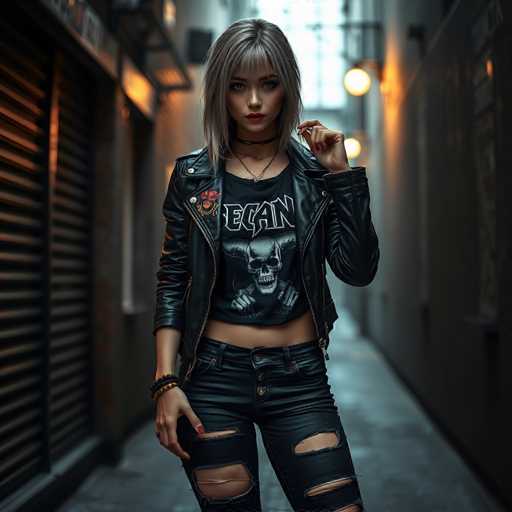 A young woman stands confidently in a dimly lit alleyway, exuding a bold and edgy style. She is dressed in a black leather jacket adorned with a striking red flower on the right side, paired with a black crop top that reveals her midriff. The crop top features a white skull design with the letters "E-C-A-N" emblazoned across it. Her outfit is completed with black leather pants that have stylishly ripped knees. She accessorizes with a black choker necklace and a gold chain necklace, adding a touch of contrast to her dark ensemble. Her short, straight gray hair frames her face, and she wears vibrant red lipstick that stands out against her pale complexion. Her nails are painted a bold red, adding a pop of color to her look. The background is blurred, with a gray concrete floor and a gray wall on the right side, illuminated by a round light fixture. On the left, there is a brown wall with a brown door featuring horizontal slats. The overall scene captures a moody and atmospheric moment, highlighting the woman's distinctive and edgy fashion sense.