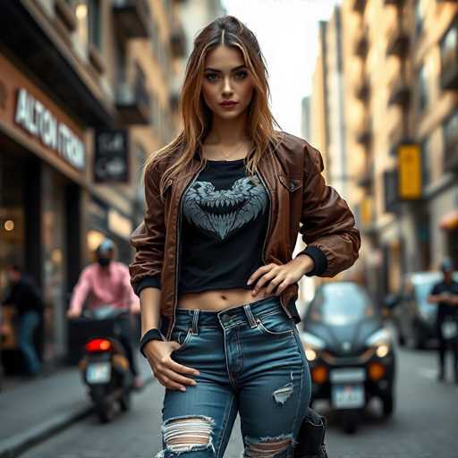A young woman stands confidently in the middle of a bustling city street, her presence commanding attention. She has long, dirty blonde hair cascading down to her chest, framing her face. Her attire is a stylish ensemble featuring a brown leather jacket with sleeves rolled up to her forearms, a black crop top adorned with a gray bat-like design, and blue jeans with rips at the knees. Her right hand rests on her hip while her left hand is placed on her thigh, exuding a relaxed yet poised demeanor. The background is a blur of urban life, with indistinct figures and vehicles adding to the dynamic atmosphere. To her left, a motorcycle is parked on the sidewalk, and a man in a pink shirt stands nearby. On her right, a car is parked on the street, and another man can be seen in the distance. The scene is set against a backdrop of tall buildings, with a prominent brown structure on the left side of the image. The overall composition captures a moment of urban elegance and poise.