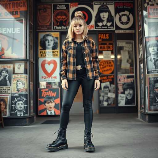 A young woman stands confidently in front of a wall adorned with an eclectic mix of posters and signs. She is dressed in a stylish plaid shirt featuring shades of orange, black, and yellow, layered over a black shirt. Her outfit is completed with form-fitting black pants and black Doc Martens boots, which have distinctive gold stitching along the soles. Her blonde hair is styled in a unique way, with bangs framing her face and the rest pulled up into a bun on top of her head. The wall behind her is a vibrant collage of various posters, including one with a red heart and the word "Fonzie," another featuring a black-and-white image of Marilyn Monroe, and a third with a red background and the word "Thelma." The scene captures a blend of vintage charm and modern edge, perfectly reflected in the woman's fashion and the backdrop.