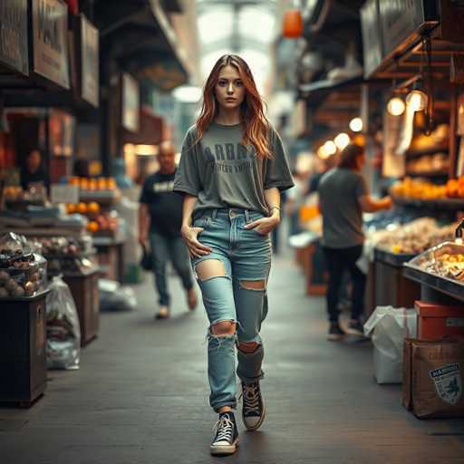 A young woman with long brown hair is walking down a market aisle between two fruit stands. She is wearing a gray t-shirt and blue jeans with ripped knees, and she has her hands in her pockets. The background shows other people shopping at the market stalls filled with various fruits such as oranges and apples.