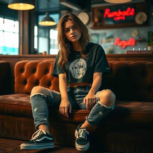 A young woman is seated on a brown, tufted leather couch in a cozy coffee shop. She is wearing a black crop top t-shirt with a white graphic of a man's face on the front. Her outfit is completed with blue jeans that have rips at the knees and black Vans sneakers. Her long, wavy brown hair cascades down to her chest, and she accessorizes with a delicate gold necklace and small hoop earrings. She sits with her legs spread apart, her hands resting on her thighs, and gazes directly at the camera. The background features a gray wall adorned with a neon sign that reads "Run Bold Coffee" in red letters. A clock is mounted on the wall, and the scene is illuminated by hanging lights, adding to the warm and inviting atmosphere of the coffee shop.