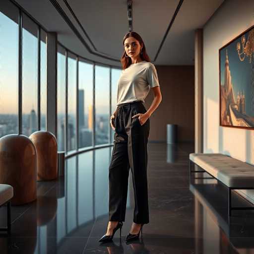 A woman stands confidently in a sleek, modern hallway, her hands casually tucked into her pockets. She is dressed in a crisp white t-shirt and loose-fitting black pants, paired with stylish black high heels. Her long brown hair cascades down her back, complementing her elegant appearance. The hallway features a dark brown floor that contrasts beautifully with the white walls. On the right side, a large painting adorns the wall, adding an artistic touch to the space. Below the painting, a long bench with a white cushion provides a comfortable seating area. The left side of the hallway is lined with large windows, offering a breathtaking view of the city skyline. The windows are framed by a white border, and the ceiling above is painted white, enhancing the room's bright and airy atmosphere.