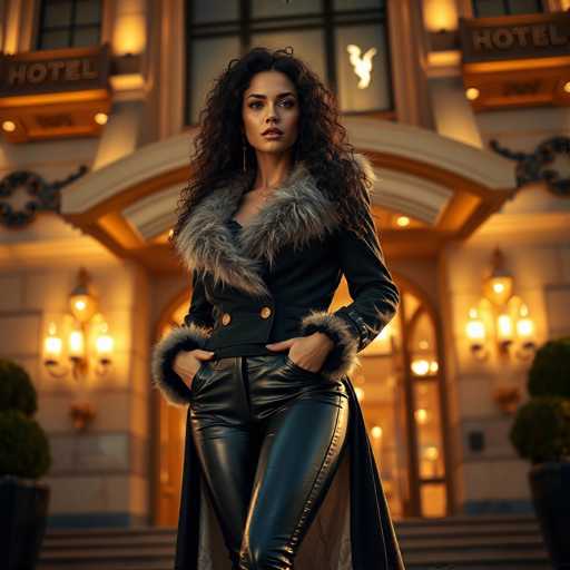 A striking photograph captures a woman standing confidently in front of a grand hotel. She is dressed in a sleek black leather jacket adorned with fur trim around the wrists and collar, paired with matching black leather pants. Her long, curly black hair cascades down her shoulders, framing her face, which is highlighted by bold red lipstick. The woman's hands are casually tucked into her pockets, exuding a relaxed yet poised demeanor. Behind her, the hotel's impressive facade features a large arched doorway flanked by two smaller arched windows. The building is constructed of white stone, and the warm glow of yellow lights emanates from the windows, adding a touch of elegance to the scene.