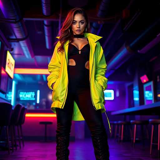 A woman is standing in a bar with neon lights and blue walls behind her. She is wearing a black and yellow outfit that includes a jacket over a black jumpsuit. The woman has long brown hair and is looking directly at the camera.