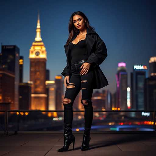 A captivating photograph features a woman standing on a rooftop, gazing directly at the camera. She is dressed in a stylish black ensemble, consisting of a low-cut black shirt, a black leather belt, and black pants with numerous rips. Her outfit is complemented by a black leather jacket and black high-heeled boots. She accessorizes with large hoop earrings and has long, dark brown hair cascading down her shoulders. The woman's skin is a light tan, and she has dark brown eyes and dark brown eyebrows. Her lips are painted a striking red.

The backdrop of the image is a city skyline at night, with the sky transitioning from a deep blue to a lighter hue near the horizon. The skyline is dotted with numerous skyscrapers, some of which are illuminated with yellow lights, while others display a mix of blue and purple lights. The scene is slightly blurred, adding a dreamy quality to the urban landscape. The woman stands on a grayish-brown rooftop, which is bordered by a black railing. The overall composition of the photograph exudes a sense of urban sophistication and mystery.
