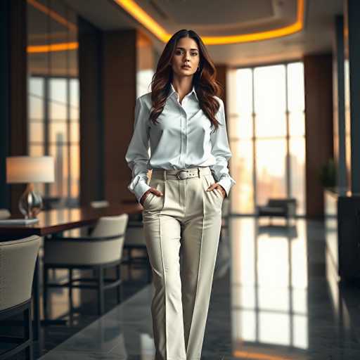A woman with long, wavy brown hair, parted in the middle, is walking towards the camera in a modern office setting. She is dressed in a crisp white button-down shirt with long sleeves and matching white pants, accessorized with a white belt featuring a silver buckle. Her hands are casually tucked into her pockets as she strides forward. The background reveals a sleek, contemporary office space with a long, shiny black floor that reflects the bright light streaming through large windows. To her left, there is a long wooden table accompanied by several chairs, and a lamp sits on the table, adding to the sophisticated ambiance of the room.