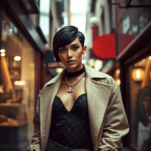 A striking photograph captures a woman standing confidently in the middle of a bustling city street. She is adorned in a chic, black corset-style top, embellished with the iconic Louis Vuitton logo. Over this, she wears a stylish beige trench coat that adds a touch of elegance to her ensemble. Around her neck, a black choker complements her look, while a silver chain necklace featuring a Louis Vuitton logo pendant adds a touch of glamour. Her accessories are completed with a pair of sleek hoop earrings. The woman's hair is styled in a chic, short pixie cut, with a side bang sweeping gracefully across her forehead. She gazes directly into the camera, exuding a sense of poise and self-assurance. The background is softly blurred, revealing the outlines of buildings and storefronts, with a hint of a red sign visible to her right. The overall composition highlights her as the focal point, set against the dynamic urban backdrop.