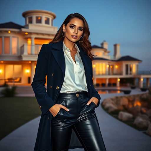A woman is standing on a sidewalk in front of a large house with a pool and a white fence. She is wearing a black coat, pants, and earrings. The sky above her is dark blue, suggesting that it might be evening or night time.