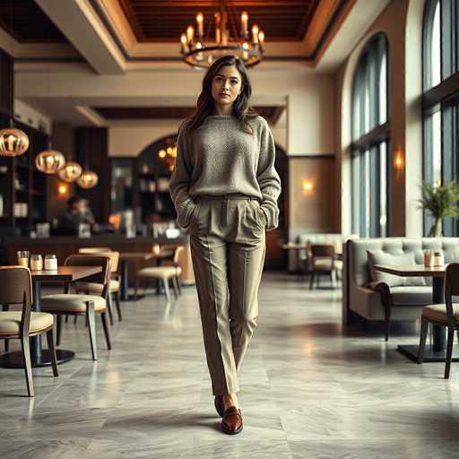 A woman is standing in a restaurant with her hands in her pockets and wearing a beige sweater over a gray shirt. The restaurant has wooden chairs and tables arranged around the room, creating an inviting atmosphere. A chandelier hangs from the ceiling, casting light onto the scene below.