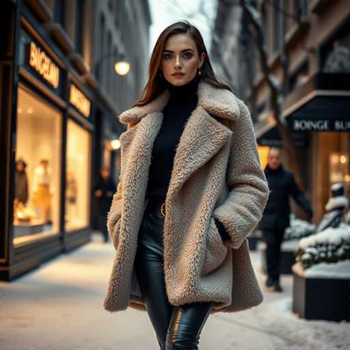 A striking photograph captures a woman confidently striding down a snow-dusted sidewalk, her long brown hair cascading over her shoulders. She is dressed in a chic ensemble featuring a black turtleneck sweater, black leather pants, and a luxurious brown fur coat. The coat, with its plush fur lining, adds a touch of opulence to her outfit. Her right hand is casually tucked into her pants pocket, while her left hand is obscured by the coat. The woman's face is adorned with subtle makeup, including lipstick and eye shadow, and she wears small earrings that catch the light. She appears to be carrying a purse, though it is partially hidden by her coat. The background reveals a bustling urban setting with storefronts and pedestrians, some of which are illuminated, casting a warm glow on the scene. The sidewalk is lightly covered in snow, adding a serene touch to the cityscape.