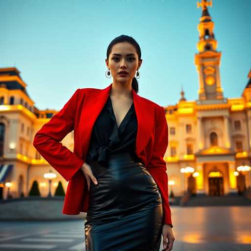 A woman is standing on a street at night, wearing a red blazer and black skirt with her hair styled in an updo. She is looking directly at the camera. The background features a large building with a clock tower, suggesting that she might be in a city or town center.