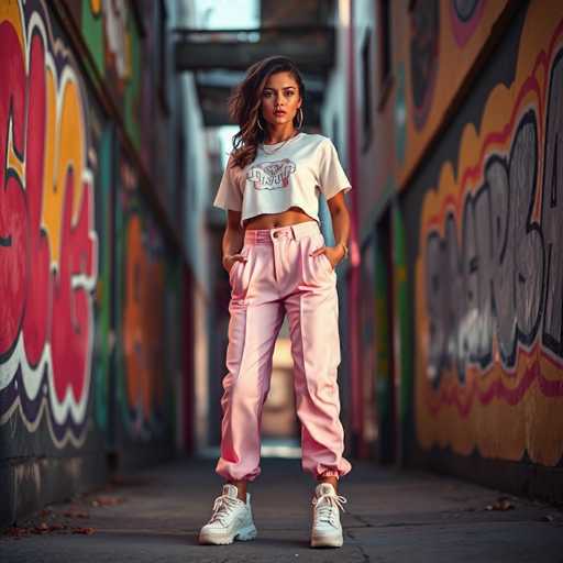 A young woman stands confidently in a narrow alleyway, framed by vibrant graffiti on both sides. The graffiti features a mix of red, yellow, and orange hues, with some letters outlined in black and white. The woman, who has long brown hair cascading over her right shoulder, is dressed in a white crop top that reveals her midriff and pink pants. Her hands are casually tucked into her pockets, and she wears white sneakers. She accessorizes with large hoop earrings and a gold watch on her left wrist. Her expression is serious, with her mouth closed, as she gazes directly at the camera. The alleyway is paved with cement, and the background is blurred, drawing focus to her striking presence in the foreground.
