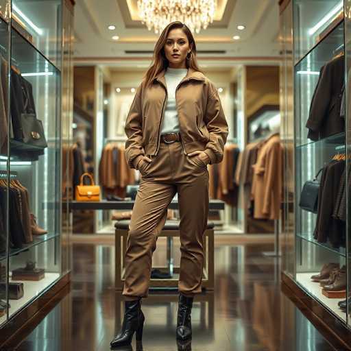A woman stands confidently in front of a glass display case filled with clothing items in a well-lit store. She is wearing a beige jacket and pants paired with black boots. The background features several racks of clothes on the left side and a large window on the right side, allowing natural light to illuminate the scene.