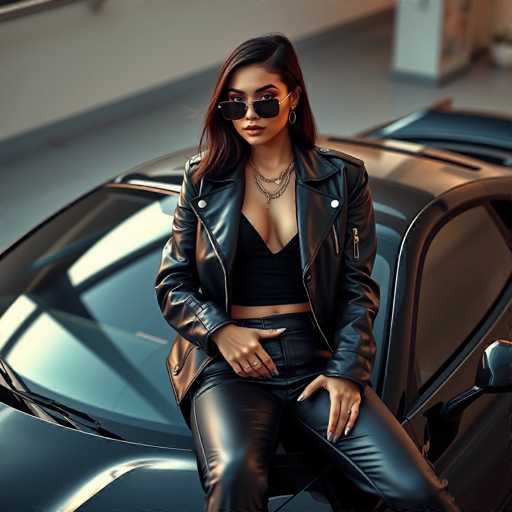 A woman is seated on the hood of a black sports car with sunglasses resting on her head and a necklace around her neck. She is wearing a black leather jacket and pants.