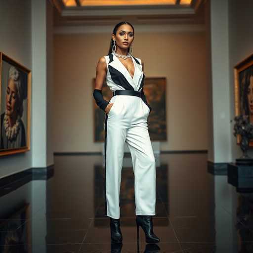 A woman is standing confidently on a black and white tiled floor in an art gallery. She is wearing a black and white jumpsuit with a high neckline and cinched waist, paired with black boots that match the color scheme of her outfit. The woman has her hands tucked into her pockets and is looking directly at the camera. In the background, there are two paintings hanging on the wall - one depicting a woman's face and the other featuring a man's face.