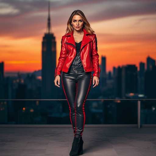 A captivating photograph showcases a woman standing on a sleek, modern balcony with a glass railing. She is dressed in a striking ensemble featuring a red leather jacket adorned with black leather accents, paired with black leather pants that are accented with red leather. Her outfit is completed with a pair of black boots. The woman has long, wavy brown hair cascading down her shoulders, and her eyes are a mesmerizing brown. She gazes directly at the camera with a serious expression, her lips slightly parted. The backdrop is a stunning city skyline at sunset, with the sky painted in hues of orange, pink, and purple, and the silhouettes of the buildings adding depth to the scene. The overall composition exudes a sense of modern elegance and urban sophistication.