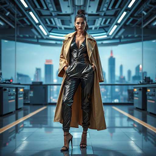 A striking image captures a woman standing confidently in a sleek, futuristic setting. She is dressed in a tight-fitting, black leather jumpsuit that accentuates her figure, paired with a long, tan trench coat that adds an air of sophistication. Her high-heeled sandals complete the ensemble, giving her a poised and elegant appearance. The woman's dark hair is styled in a bun, with loose strands framing her face, and she gazes directly at the camera with a serious expression.

The backdrop features a large window that offers a panoramic view of a city skyline, suggesting she is on a high floor of a modern building. The interior space is minimalist, with a black floor and a railing that encircles the area. To her left and right, there are indistinct objects that could be either artwork or functional elements like printers, adding an element of intrigue to the scene. The overall ambiance is one of sleek modernity and urban sophistication.