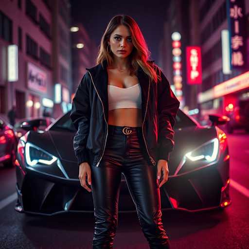 In this captivating image, a young woman stands confidently in front of a sleek black sports car, exuding a bold and edgy style. She is dressed in tight black leather pants, accentuated by a black belt with a prominent gold buckle. Her upper body is adorned with a white tube top that reveals her midriff, and she complements her look with a black jacket featuring a striking gold zipper. Her long, wavy brown hair cascades down, framing her face, which is highlighted by her hoop earrings. She gazes directly at the camera with a serious expression, her hands resting casually at her sides. The background is a bustling city street at night, illuminated by various neon signs and lights, including a noticeable red sign with white lettering. The scene is further enriched by the presence of other cars, adding to the urban ambiance.