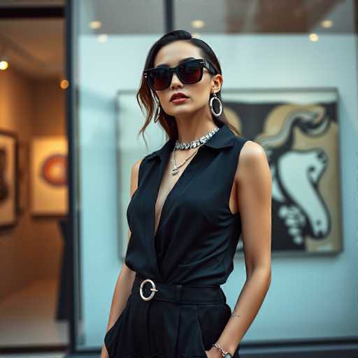 A woman is standing in front of a store window wearing a black dress and sunglasses. She has her hands in her pockets and is looking directly at the camera with an expression of confidence. The store window behind her displays various paintings, suggesting that she may be shopping for art or simply passing by on her way to work.